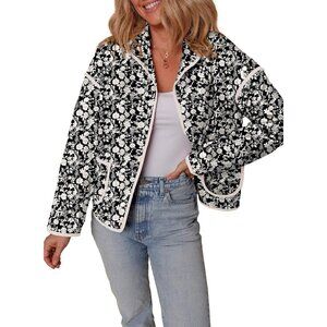 Women's Floral Quilted Jackets Cropped Button Down Padded Puffer Jacket Black